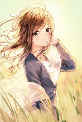 Rule 34 | 1girl, backlighting, blush, brown eyes, brown hair, cardigan, collarbone, cowboy shot, cross, cross necklace, eyebrows, eyes visible through hair, floating hair, from side, hand on own cheek, hand on own face, highres, hiten (hitenkei), jewelry, long hair, looking at viewer, necklace, open cardigan, open clothes, original, outdoors, parted lips, shawl, shirt, skirt, solo, standing, transparent, wheat, wheat field, white shirt, wind, wind lift