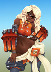 Rule 34 | 10s, 1girl, barbariank, blade &amp; soul, blonde hair, breasts, clothes pull, contrapposto, crop top, dark-skinned female, dark skin, detached sleeves, glasses, gradient background, groin, hand on own hip, highres, looking at viewer, midriff, mole, mole under mouth, pants, pants pull, revision, sash, solo, vambraces, very dark skin, wide hips, yellow eyes