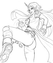 Rule 34 | 1girl, ass, boots, breasts, dantewontdie, greyscale, horns, hoshiguma yuugi, kicking, knee pads, large breasts, long hair, monochrome, pants, scarf, simple background, single horn, sketch, solo, touhou