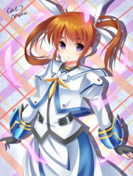 Rule 34 | 10s, 1girl, absurdres, bad id, bad pixiv id, black gloves, brown hair, catsmoon, feathers, fingerless gloves, gloves, hair ribbon, highres, looking at viewer, lyrical nanoha, magical girl, mahou shoujo lyrical nanoha, mahou shoujo lyrical nanoha the movie 1st, purple eyes, red hair, ribbon, solo, takamachi nanoha, takamachi nanoha (movie 1st mode), twintails, white ribbon