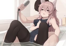 Rule 34 | 1boy, 1girl, act (xadachit), animal ear fluff, animal ears, bath, bathing, bathroom, black one-piece swimsuit, blush, breasts, brown hair, cameltoe, commentary, covered navel, english commentary, girls&#039; frontline, highres, light blush, long hair, medium breasts, mixed-sex bathing, one-piece swimsuit, open mouth, pantyhose, pantyhose under swimsuit, partially submerged, persica (girls&#039; frontline), shared bathing, shower head, sitting, spread legs, sweat, swimsuit, thighband pantyhose, thighs, water, wet, wet clothes, wet pantyhose