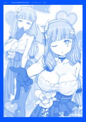Rule 34 | 1girl, blue theme, breasts, dress, evening gown, girls&#039; frontline, highres, himura kiseki (style), hk416 (girls&#039; frontline), hk416 (starry cocoon) (girls&#039; frontline), large breasts, long hair, monochrome, multiple views, official alternate costume, one eye closed, parody, peagunz, teardrop tattoo, very long hair