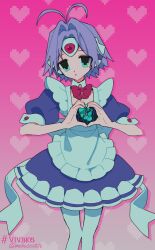 1girl absurdres android antenna_hair apron aqua_eyes blue_dress bow bowtie dress expressionless forehead_jewel frilled_apron frilled_dress frills gem hair_intakes heart heart_hands highres looking_at_viewer maid maid_apron mechanical_heart mokusei0516 pantyhose pink_background pink_bitch_club puffy_short_sleeves puffy_sleeves purple_hair red_bow red_bowtie red_gemstone robot_ears short_hair short_sleeves simple_background standing vyt-24 white_apron white_pantyhose