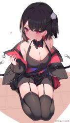 Rule 34 | 1girl, bare shoulders, black dress, black hair, black jacket, black thighhighs, blush, breasts, cleavage, closed mouth, detached collar, dress, earrings, garter straps, heart, highres, jacket, jewelry, large breasts, long sleeves, looking at viewer, multicolored hair, o-ring, off shoulder, one side up, open clothes, open jacket, red eyes, red hair, roin, seiza, short hair, sitting, solo, thighhighs, two-tone hair, zettai ryouiki