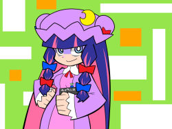 Rule 34 | 1girl, :&gt;, blue eyes, book, bow, colored inner hair, cosplay, crescent, hair bow, lanlanlancho, long hair, multicolored hair, panty &amp; stocking with garterbelt, patchouli knowledge, patchouli knowledge (cosplay), purple eyes, purple hair, smile, solo, stocking (psg), touhou, two-tone hair