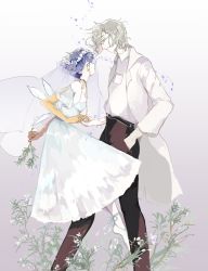 Rule 34 | 1other, aechmea (houseki no kuni), androgynous, ankle ribbon, ballet slippers, bare shoulders, belt, black pants, blouse, blue dress, blue hair, blue ribbon, breast pocket, bridal veil, coat, collared shirt, crying, cuts, detached sleeves, dress, dress shirt, dripping, eye contact, feet out of frame, floating, flower, flower wreath, from side, full body, glasses, golden arms, grey neckwear, hand in pocket, head wreath, highres, holding, houseki no kuni, injury, lab coat, leg ribbon, long sleeves, looking at another, looking down, looking up, necktie, open clothes, open coat, open hand, pale skin, pants, petals, phosphophyllite, phosphophyllite (ll), plant, plantar flexion, pocket, pointing, profile, ribbon, see-through, shirt, short hair, silver hair, simple background, spoilers, standing, streaming tears, sunfish263, tears, veil, white background, white flower, white shirt, wings