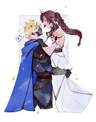 Rule 34 | 1boy, 1girl, absurdres, aerith gainsborough, arm around waist, armlet, armor, bare shoulders, black gloves, black mask, blonde hair, blue cloak, border, bracer, braid, braided ponytail, breasts, cloak, closed mouth, cloud strife, couple, cowboy shot, cropped legs, dress, final fantasy, final fantasy vii, final fantasy vii rebirth, final fantasy vii remake, gloves, gold saucer, hand in another&#039;s hair, heart, hetero, highres, long dress, long hair, looking at another, mask, medium breasts, mouth mask, official alternate costume, parted bangs, profile, robasarel, short hair, shoulder armor, sidelocks, single braid, smile, spiked hair, spoken heart, tiara, wavy hair, white border, white dress