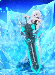 Rule 34 | 1girl, absurdres, blue eyes, dress, highres, ice, looking at viewer, meryl (tower of fantasy), solo, sword, tower of fantasy, weapon, white hair