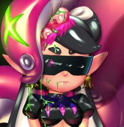 Rule 34 | + +, 1girl, alternate costume, callie (splatoon), black hair, breasts, closed mouth, crop top, domino mask, earrings, food, food on head, green hair, jewelry, looking at viewer, mask, nintendo, object on head, placeholdname, pointy ears, puffy short sleeves, puffy sleeves, short sleeves, simple background, small breasts, solo, splatoon (series), splatoon 2, suggestive fluid, sushi, symbol-shaped pupils, tentacles, tentacle hair, upper body, yellow eyes