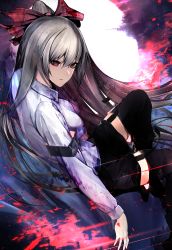 Rule 34 | 1girl, absurdres, black shorts, black thighhighs, bow, breasts, brown eyes, chromatic aberration, from side, fujiwara no mokou, garter straps, hair bow, highres, huge filesize, long hair, looking at viewer, migata, moon, parted lips, revision, shirt, shorts, silver hair, smile, thighhighs, touhou, very long hair