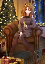 Rule 34 | 1girl, animal ears, black footwear, black pantyhose, boots, bow, box, brown hair, christmas, christmas tree, commentary, couch, cup, drinking glass, gift, gift box, grey sweater, hair bow, high heel boots, high heels, highres, holding, holding cup, horse ears, horse girl, king halo (umamusume), long hair, long sleeves, looking at viewer, murazo (0606), off-shoulder sweater, off shoulder, pantyhose, red eyes, ribbed sweater, sitting, solo, sweater, umamusume
