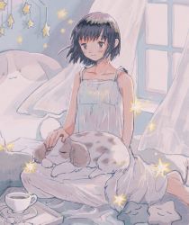 Rule 34 | 1girl, bed, bed sheet, black hair, brown eyes, camisole, coffee, coffee cup, collarbone, cup, curtains, disposable cup, dog, eokaku surimi, faux traditional media, highres, indoors, light blush, light smile, looking ahead, original, saucer, short hair, sitting, solo, sparkle, spotted fur, star (symbol), star-shaped pillow, stuffed animal, stuffed dog, stuffed toy, white camisole, white curtains, window, windowsill, yokozuwari