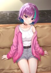 Rule 34 | 1girl, arms at sides, belt, black belt, black choker, blush, bob cut, breasts, chestnut mouth, choker, collarbone, couch, eyelashes, fingernails, grey shorts, hair between eyes, hair ornament, hair strand, hairclip, head tilt, highres, ibaraki rino, indoors, jacket, large breasts, looking at viewer, ncontrail (mgax7527), off shoulder, on couch, open clothes, open mouth, parquet (yuzusoft), pink jacket, purple eyes, purple hair, shirt, short hair, shorts, sitting, solo, thigh gap, thighs, v-shaped eyebrows, white shirt, yuzu-soft