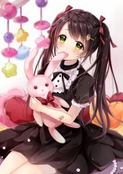 Rule 34 | 1girl, bandaid, black hair, blurry, carrot hair ornament, cushion, depth of field, dress, eyebrows, food-themed hair ornament, glint, gradient background, green eyes, hair ornament, heart, holding, holding stuffed toy, jewelry, long hair, necklace, original, pearl necklace, pink background, sakura hiyori, sitting, solo, stuffed animal, stuffed rabbit, stuffed toy, swept bangs, twintails, white background