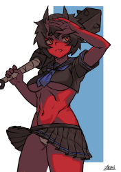 Rule 34 | 1girl, black hair, black sailor collar, black shirt, black skirt, blue background, blue neckerchief, border, breasts, closed mouth, club, club (weapon), colored skin, commentary, cowboy shot, cropped shirt, hand up, holding, holding weapon, horns, kanabou, kidouko (zakusi), medium breasts, navel, neckerchief, oni, orange eyes, original, panties, pleated skirt, red oni, red skin, sailor collar, school uniform, serafuku, shirt, short hair, short sleeves, signature, skirt, solo, spiked club, standing, stomach, symbol-only commentary, underboob, underwear, weapon, white border, white panties, wind, wind lift, zakusi