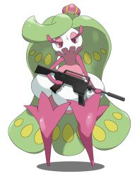 Rule 34 | 1girl, assault rifle, creatures (company), daipy, female focus, full body, game freak, gen 7 pokemon, green hair, gun, half-closed eyes, holding, holding gun, holding weapon, long hair, looking down, nintendo, no humans, no mouth, pokemon, pokemon (creature), purple eyes, rifle, simple background, solo, standing, tsareena, very long hair, weapon, white background