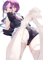 Rule 34 | 1girl, ahoge, ass, blue hair, blue one-piece swimsuit, blush, braid, breasts, colored inner hair, commentary request, feet, frilled swimsuit, frills, from behind, gaou (umaiyo puyoman), highres, hololive, looking at viewer, looking back, low twintails, maid, maid one-piece swimsuit, medium breasts, minato aqua, multicolored hair, one-piece swimsuit, open mouth, parted lips, purple eyes, purple hair, see-through, simple background, skindentation, solo, swimsuit, thighhighs, twintails, two-tone hair, unconventional maid, virtual youtuber, water drop, wet, white background