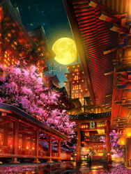 Rule 34 | 1girl, absurdres, animal ears, architecture, building, cherry blossoms, cityscape, east asian architecture, falling petals, fantasy, fox ears, full moon, highres, japanese clothes, lantern, long hair, miko, moon, night, night sky, original, petals, scenery, shrine, sky, smile (qd4nsvik), star (sky), starry sky, torii, tree, white hair, wooden bridge, wooden lantern