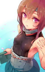 Rule 34 | 10s, 1girl, bare shoulders, breasts, brown eyes, brown hair, covered erect nipples, evers, gradient background, headband, headgear, kantai collection, partially submerged, petals, short hair, sideboob, sleeveless, small breasts, solo, taihou (kancolle)