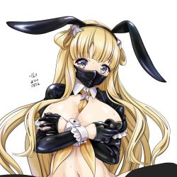 Rule 34 | 1girl, animal ears, black gloves, black hairband, blonde hair, breasts, covering privates, covering breasts, double bun, fake animal ears, fletcher (kancolle), gloves, hair bun, hair ornament, hairband, half gloves, kantai collection, large breasts, long hair, meme attire, navel, neckerchief, neckerchief between breasts, purple eyes, rabbit ears, revealing clothes, reverse bunnysuit, reverse outfit, shrug (clothing), solo, star (symbol), star hair ornament, tk8d32, united states medal of honor, upper body, yellow neckerchief