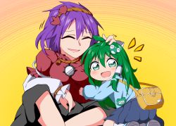 Rule 34 | 2girls, aged down, bag, bwell, child, closed eyes, commentary request, frog button, frog hair ornament, green eyes, green hair, hair ornament, hair tubes, hand on another&#039;s head, headpat, indian style, jewelry, kindergarten uniform, kneeling, kochiya sanae, layered sleeves, long hair, long sleeves, looking at viewer, mirror, multiple girls, necklace, open mouth, purple hair, shirt, short over long sleeves, short sleeves, shoulder bag, sitting, skirt, smile, snake hair ornament, touhou, yasaka kanako
