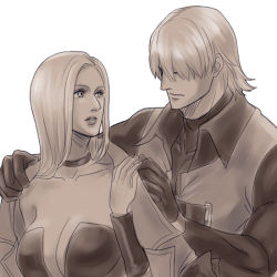 Rule 34 | 1boy, 1girl, blonde hair, blue eyes, breasts, choker, couple, dante (devil may cry), devil may cry (series), leather, looking at another, trish (devil may cry)