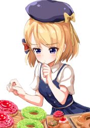 Rule 34 | 1girl, ame., azur lane, beret, black hat, blonde hair, blouse, blue dress, blush, bow, breasts, brown bow, closed mouth, collared shirt, commentary request, doughnut, dress, fingernails, food, hair bow, hand on own chin, hands up, hat, hat bow, looking away, looking down, purple eyes, shirt, short sleeves, simple background, sleeveless, sleeveless dress, small breasts, solo, striped, striped bow, stroking own chin, unfinished, white background, white shirt, z23 (azur lane)