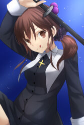 Rule 34 | 1girl, arm up, black dress, black scrunchie, brown eyes, brown hair, buttons, commentary request, cross, cross necklace, dress, habit, hair between eyes, hair ornament, hair scrunchie, highres, holding, holding polearm, holding weapon, jewelry, latin cross, long hair, long sleeves, looking at viewer, mole, mole under mouth, necklace, noel (tsukihime), nun, polearm, scrunchie, side ponytail, sidelocks, smile, solo, spear, tongue, tongue out, tsukihime, tsukihime (remake), vent vert (kuuya), weapon