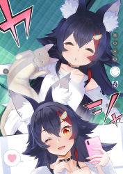 Rule 34 | 2girls, ;d, absurdres, aged down, animal ear fluff, animal ears, bad id, bad pixiv id, black choker, black hair, blush, cat, cellphone, choker, closed eyes, commentary request, dual persona, hair ornament, hairclip, heart, highres, holding, holding phone, hololive, long hair, long sleeves, looking at viewer, lying, multicolored hair, multiple girls, on back, one eye closed, ookami mio, ookami mio (casual), open mouth, parted lips, phone, red hair, shirt, sleeping, smartphone, smile, sound effects, spoken heart, streaked hair, tawa (ookami mio), translation request, virtual youtuber, wappa, white shirt, wolf ears, wolf girl, yellow eyes