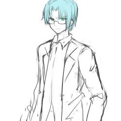 Rule 34 | 1boy, blue hair, glasses, green eyes, highres, long sleeves, looking at viewer, male focus, original, sketch, solo, sookmo, traditional media, unfinished