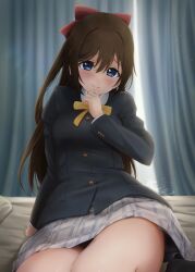 Rule 34 | 1girl, arm support, backlighting, black jacket, blazer, blue eyes, blush, bow, bowtie, brown hair, buttoned cuffs, buttons, clenched hand, collared shirt, commentary request, curtains, double-parted bangs, dress shirt, finger to own chin, foreshortening, grey skirt, hair between eyes, hair bow, indoors, jacket, long hair, long sleeves, looking at viewer, looking back, love live!, love live! nijigasaki high school idol club, miniskirt, nijigasaki school uniform, on bed, osaka shizuku, plaid, plaid skirt, pleated skirt, ponytail, red bow, satolive20, school uniform, seductive smile, shirt, sitting, skirt, smile, solo, thick thighs, thighs, white shirt, winter uniform, yellow bow, yellow bowtie