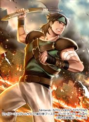 Rule 34 | 1boy, axe, bandages, belt, brown eyes, brown hair, cloud, cloudy sky, company name, fire, fire emblem, fire emblem: thracia 776, fire emblem cipher, headband, long hair, male focus, official art, osian (fire emblem), sky, solo, teeth, tree, upper body, weapon