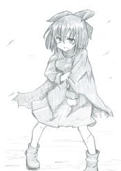 Rule 34 | 1girl, boots, bow, breasts, cape, full body, graphite (medium), greyscale, hair between eyes, hair bow, highres, holding own arm, injury, long sleeves, mahiro (akino-suisen), medium breasts, monochrome, pigeon-toed, sekibanki, shirt, short hair, skirt, skirt set, sleeve cuffs, solo, standing, torn clothes, touhou, traditional media