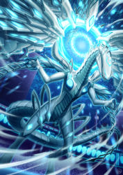 Rule 34 | blue eyes, claws, commentary request, deep-eyes white dragon, dragon, duel monster, energy, from below, koma yoichi, open mouth, sharp teeth, solo, stadium, teeth, yu-gi-oh!, yu-gi-oh! the dark side of dimensions