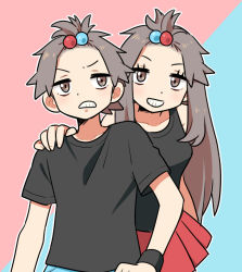 Rule 34 | 1boy, 1girl, bad id, bad pixiv id, bare arms, black shirt, black wristband, brown eyes, brown hair, commentary request, creatures (company), eyelashes, frown, game freak, grin, hair bobbles, hair flaps, hair ornament, hand on another&#039;s shoulder, highres, leaf (pokemon), long hair, looking at viewer, nintendo, pleated skirt, pokemon, pokemon frlg, pumpkinpan, red (pokemon), red skirt, shirt, short hair, short sleeves, sidelocks, skirt, sleeveless, sleeveless shirt, smile, t-shirt, teeth, topknot, wristband