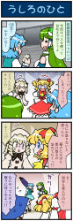 Rule 34 | ^^^, 4girls, 4koma, :&lt;, artist self-insert, blonde hair, blue dress, blue eyes, blue hair, brown eyes, comic, commentary, detached sleeves, dress, drill hair, closed eyes, green hair, hands on own cheeks, hands on own face, hat, highres, juliet sleeves, kochiya sanae, long sleeves, luna child, mizuki hitoshi, multiple girls, open mouth, puffy sleeves, real life insert, red dress, shirt, skirt, smile, star sapphire, sunny milk, surprised, sweat, tatara kogasa, touhou, translated, turn pale, twintails, vest, wide-eyed, wide sleeves