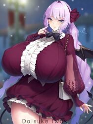 Rule 34 | 1girl, artist name, blurry, blurry background, bow, bowtie, breasts, covered erect nipples, cowboy shot, curvy, dot nose, dress, female focus, gigantic breasts, green eyes, hair bow, kisuke i, long hair, looking at viewer, pale skin, pink hair, puffy sleeves, red dress, see-through, see-through sleeves, shiny skin, short dress, skin tight, smile, solo, standing, taut clothes, taut dress, thick thighs, thighs, wide hips