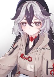 Rule 34 | 1girl, absurdres, beret, black hair, black hat, black shirt, blush, brown eyes, brown jacket, closed mouth, collared shirt, commentary request, coralie (honkai impact), dress shirt, gradient background, grey background, grey hair, hat, highres, honkai (series), honkai impact 3rd, jacket, looking at viewer, multicolored hair, natsukn, shirt, solo, twitter username, two-tone hair, upper body, white background
