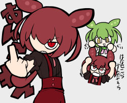 Rule 34 | 2girls, 9chrono0, :3, absurdres, anger vein, angry, ankomon, behind another, black shirt, bright pupils, brooch, chibi, chibi inset, commentary request, dual persona, glaring, grabbing another&#039;s hair, green hair, highres, jewelry, jitome, long hair, looking at another, low ponytail, middle finger, multiple girls, multiple views, neck ribbon, open mouth, outstretched arm, pink ribbon, red hair, ribbon, sanpaku, scowl, shirt, shirt tucked in, short sleeves, simple background, slit pupils, smile, suspenders, translation request, v-shaped eyebrows, voicevox, white pupils, white shirt, zundamon