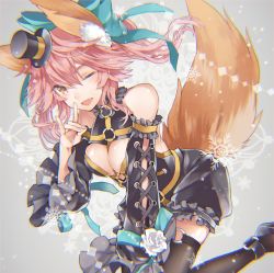 Rule 34 | 10s, 1girl, :d, \\n/, animal ears, aqua bow, aqua ribbon, arm garter, bare shoulders, between breasts, black footwear, black thighhighs, bow, breasts, chromatic aberration, cleavage, cross-laced clothes, detached sleeves, fang, fate/extra, fate (series), flower, fox ears, fox tail, frilled sleeves, frills, gold trim, hair between eyes, hair bow, hair ribbon, hat, jewelry, long hair, looking at viewer, macco, mini hat, mini top hat, official alternate costume, one eye closed, open mouth, pink hair, ribbon, ring, shoes, shorts, smile, snowflakes, solo, tail, tamamo (fate), tamamo no mae (fate/extra), tamamo no mae (sable mage) (fate), thigh strap, thighhighs, top hat, twintails, white flower, yellow eyes
