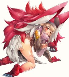 Rule 34 | 1girl, all fours, animal ears, animal hands, blonde hair, claws, fangs, highres, maido mido, markings, monster girl, one eye closed, orange eyes, original, shiratan, smile, solo, tail, thighs, white background