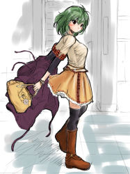 Rule 34 | 1girl, alternate costume, bag, blush, boots, breasts, casual, contemporary, fechirin, female focus, green hair, kazami yuuka, large breasts, road, short hair, sketch, skirt, solo, street, thighhighs, touhou
