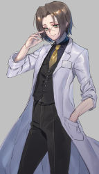 Rule 34 | 1boy, belt, brown hair, buttons, closed mouth, glasses, green eyes, grey background, highres, higurashi no naku koro ni, irie kyousuke, lab coat, looking at viewer, necktie, pants, parted bangs, shirt, short hair, simple background, smile, solo, tanakalma, vest