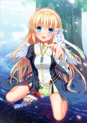 Rule 34 | 1girl, :d, air (visual novel), angel wings, between legs, black dress, blonde hair, blue butterfly, blue eyes, blurry, blush, bow, bug, butterfly, butterfly on hand, buttons, commentary request, company connection, cross print, dango daikazoku, day, depth of field, doll, dress, eyelashes, falling petals, fingernails, floating hair, frilled sleeves, frills, full body, hair between eyes, hair bow, hairband, hand between legs, harmonia (key), highres, imachireki, insect, juliet sleeves, kanon, key (company), little busters!, long hair, long ribbon, long sleeves, nun, open mouth, outdoors, paid reward available, petals, pointing, pointing at viewer, puffy sleeves, puppet, red bow, red ribbon, reflection, reflective water, rewrite, ribbon, shiona (harmonia), sitting, sleeves past wrists, smile, solo, straight-on, summer pockets, tree, very long hair, wariza, water, white bow, white hairband, white wings, wide sleeves, wings