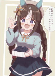 Rule 34 | 1girl, :d, animal ears, beret, blue skirt, blue sweater, blush, bow, braid, brown background, brown hair, brown ribbon, collared shirt, commentary request, food, food request, grey hat, hair bow, hair ornament, hand up, haskap, hat, highres, hokko tarumae (umamusume), holding, horse ears, horse girl, horse tail, looking at viewer, low twintails, multicolored hair, neck ribbon, open mouth, pleated skirt, purple eyes, ribbon, shirt, skirt, smile, solo, star (symbol), star hair ornament, streaked hair, striped, striped bow, sunanuko (ramuneko), sweater, tail, translation request, twin braids, twintails, two-tone background, umamusume, white background, white hair, white shirt