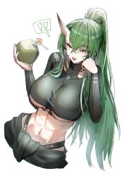 Rule 34 | !, !!, 1girl, :d, absurdres, arknights, black shirt, breasts, coconut, crop top, drinking straw, green hair, hands up, highres, holding, horn/wood, hoshiguma (arknights), long hair, looking at viewer, midriff, navel, open mouth, ponytail, shirt, smile, solo, spoken exclamation mark, stomach, underboob, very long hair, yellow eyes