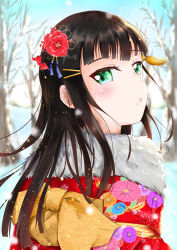 Rule 34 | 07ocaha (pixiv 27891390), 1girl, artist name, artist request, black hair, blunt bangs, brown hair, female focus, flower, flower print, green eyes, hair flower, hair ornament, highres, japanese clothes, kanzashi, kimono, kurosawa dia, long hair, looking at viewer, looking back, love live!, love live! school idol festival, love live! sunshine!!, mole, mole under mouth, obi, outdoors, parted lips, red flower, red kimono, sash, sleeves past wrists, smile, snow, solo, striped, vertical stripes, wide sleeves