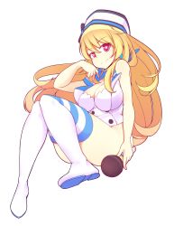 Rule 34 | 1girl, absurdres, blonde hair, blue thighhighs, blush, boots, breasts, cleavage, closed mouth, collarbone, fizintine, full body, highres, holding, holding microphone, knee boots, large breasts, long hair, looking at viewer, microphone, original, red eyes, simple background, smile, solo, star-shaped pupils, star (symbol), striped clothes, striped thighhighs, symbol-shaped pupils, thighhighs, very long hair, white footwear, white thighhighs