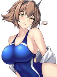 Rule 34 | 1girl, blonde hair, blue one-piece swimsuit, breasts, brown hair, cleavage, coat, collarbone, commentary request, competition swimsuit, covered navel, dated, hair between eyes, hair ornament, highres, kantai collection, large breasts, looking at viewer, montemasa, mutsu (kancolle), one-piece swimsuit, open mouth, short hair, sideboob, sidelocks, signature, simple background, solo, swimsuit, upper body, white background, white coat