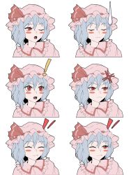 ! 1girl absurdres anger_vein angry blue_hair blush closed_eyes closed_mouth collared_shirt expressionless expressions fangs frilled_shirt_collar frills hair_between_eyes happy hat hat_ribbon highres mob_cap multiple_views one_eye_closed open_mouth pink_hat pink_shirt red_eyes red_ribbon remilia_scarlet ribbon shirt short_hair sigh simple_background smile surprised touhou upper_body white_background youpofen